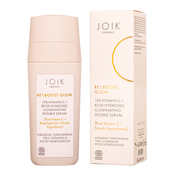 JOIK Organic Re-Boost Glow Kirgastav topeltseerum 15% C-vitamiini ja roosi hüdrogeeliga 30 ml