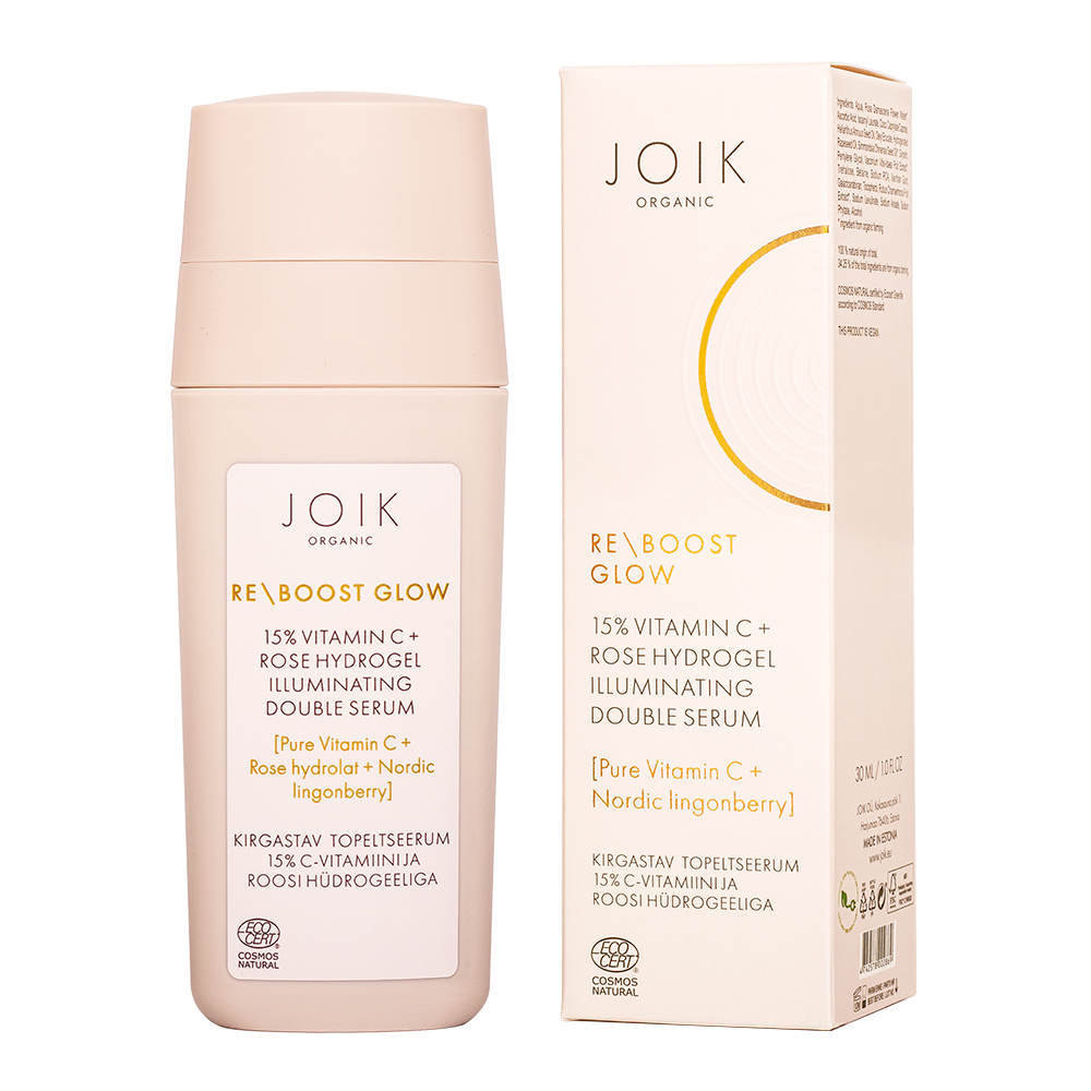 JOIK Organic Re-Boost Glow Kirgastav topeltseerum 15% C-vitamiini ja roosi hüdrogeeliga 30 ml